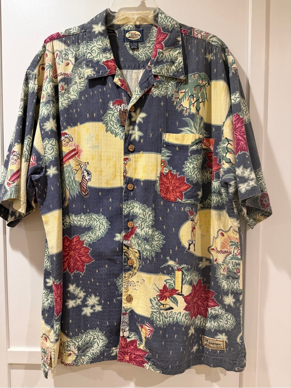 Tommy Bahama Vintage 2002 Navy & Yellow Holiday Christmas Print Aloha Shirt L